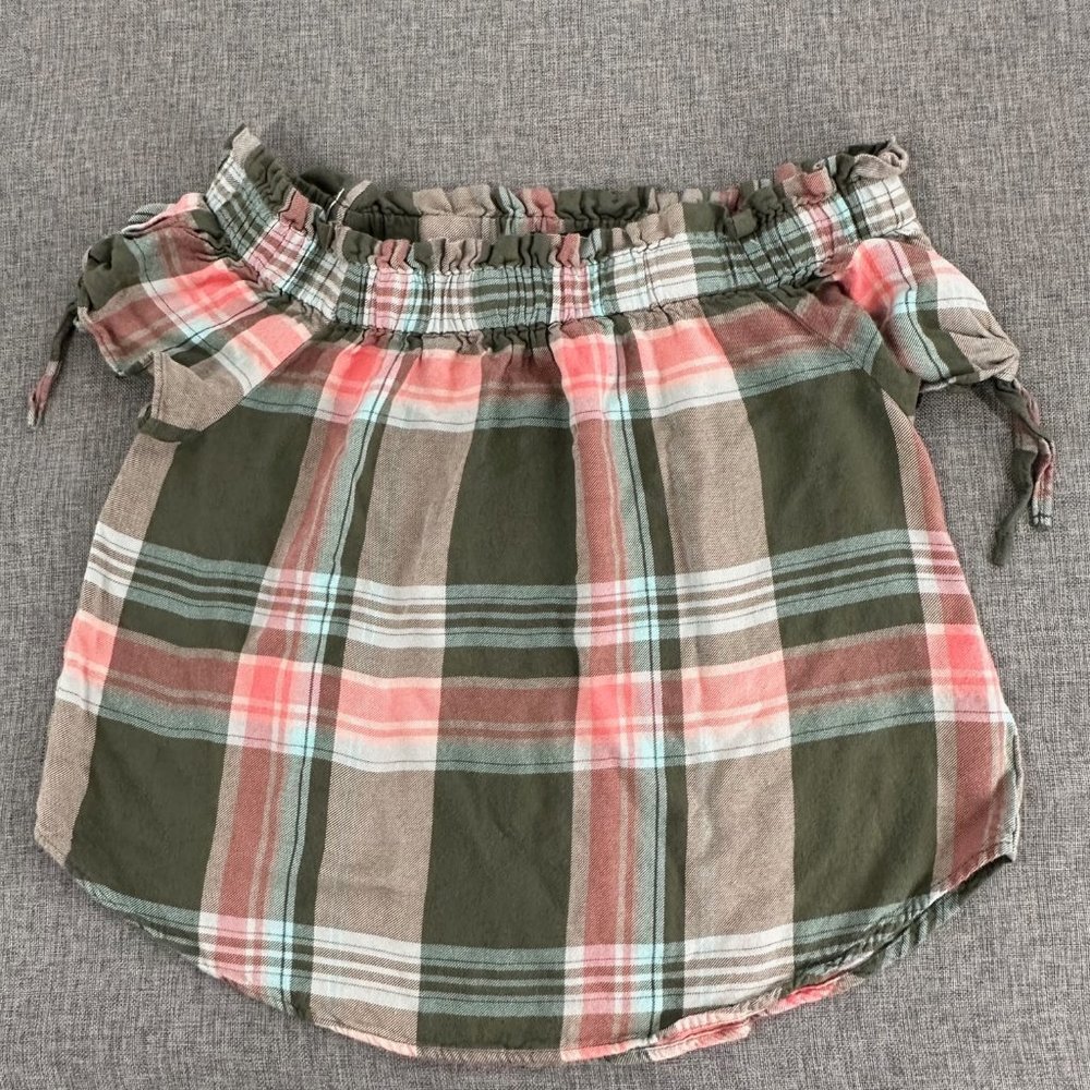 Sanctuary Plaid Top Off The Shoulder Relaxed Fit Side Ties Short Sleeve Small